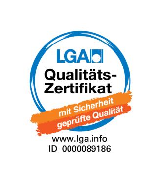 LGA Qualitätszertifikat logo with blue circle and orange banner.